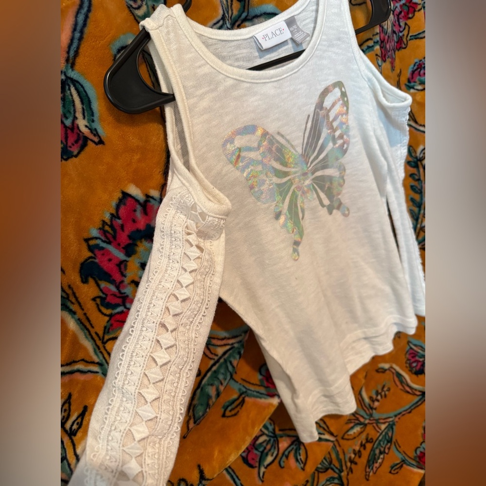 The Children's Place White Long Sleeve Top with Holographic Butterfly
